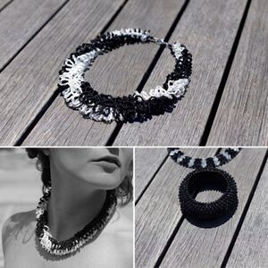 Handmade Black & White Beaded Statement Choker Necklace – New